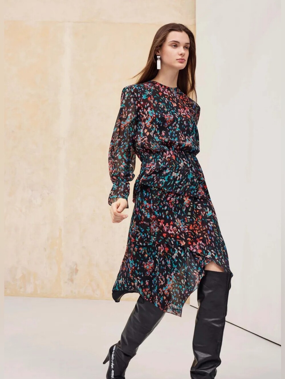 Iro Floral Asymmetrical Hem Long Sleeves Black Dress Size 38